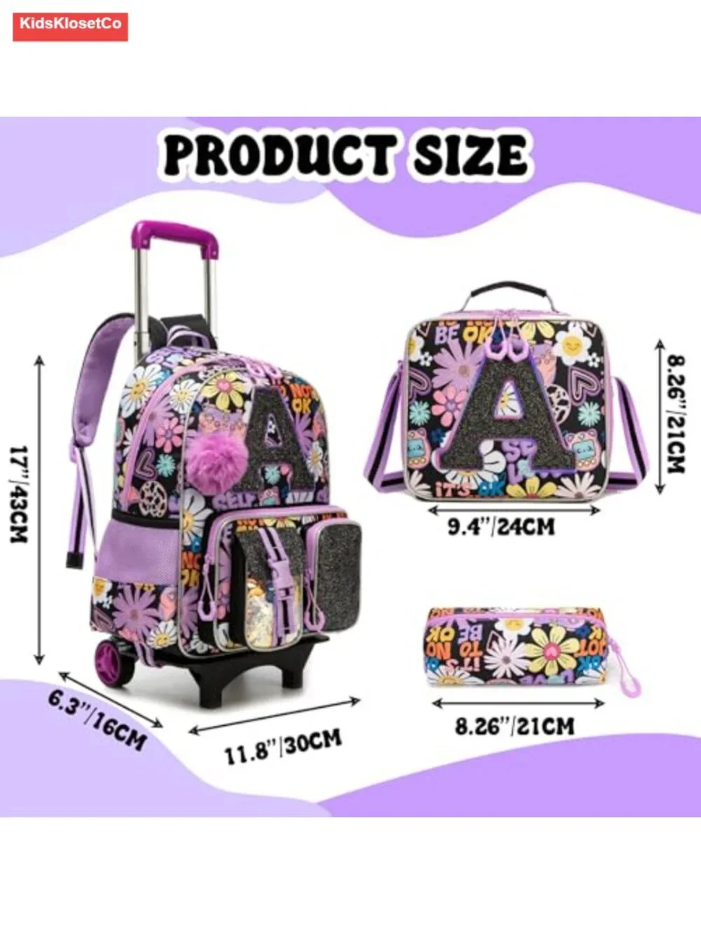 3 in 1 Rolling Backpack for Girls with Lunch Box and Pencil Case, Kids Luggage
